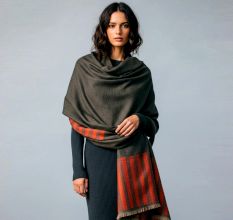 Handwoven Woolen Shawl in Olive Grey with Rust Striped Border